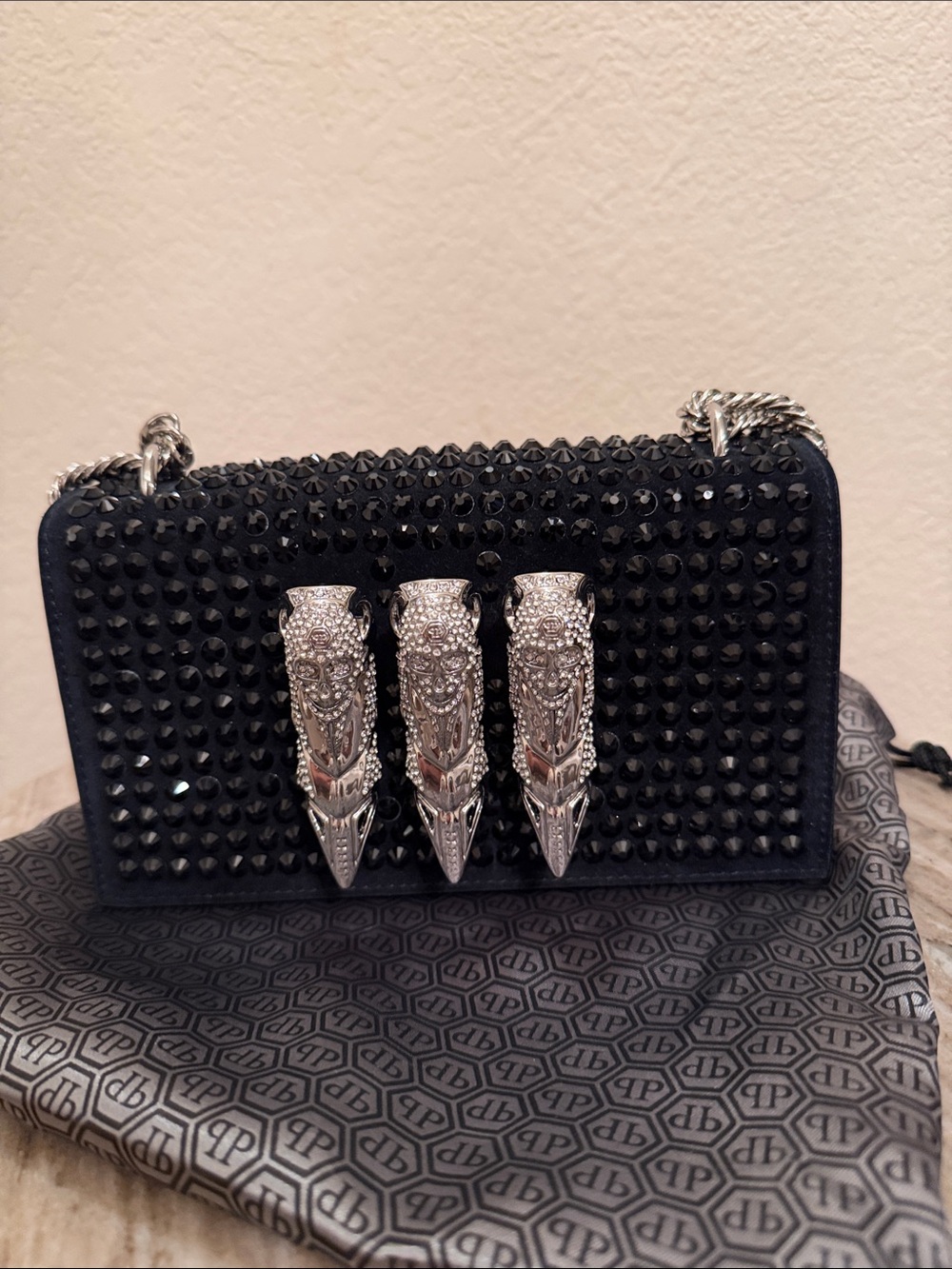 Philipp Plein Black Studded Mini Bag with Silver Claw Accents